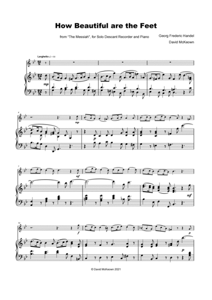 How Beautiful are the Feet, (from the Messiah), by Handel, for Solo Descant Recorder and Piano
