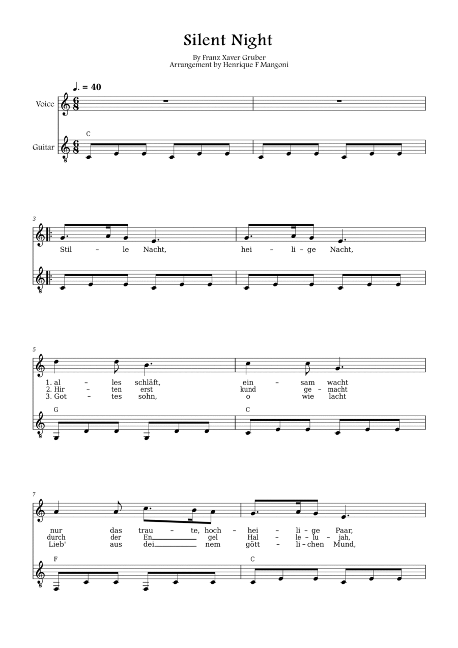 Stille Nacht (german lyrics) Piano, Vocal, Guitar scores gallery preview page 1