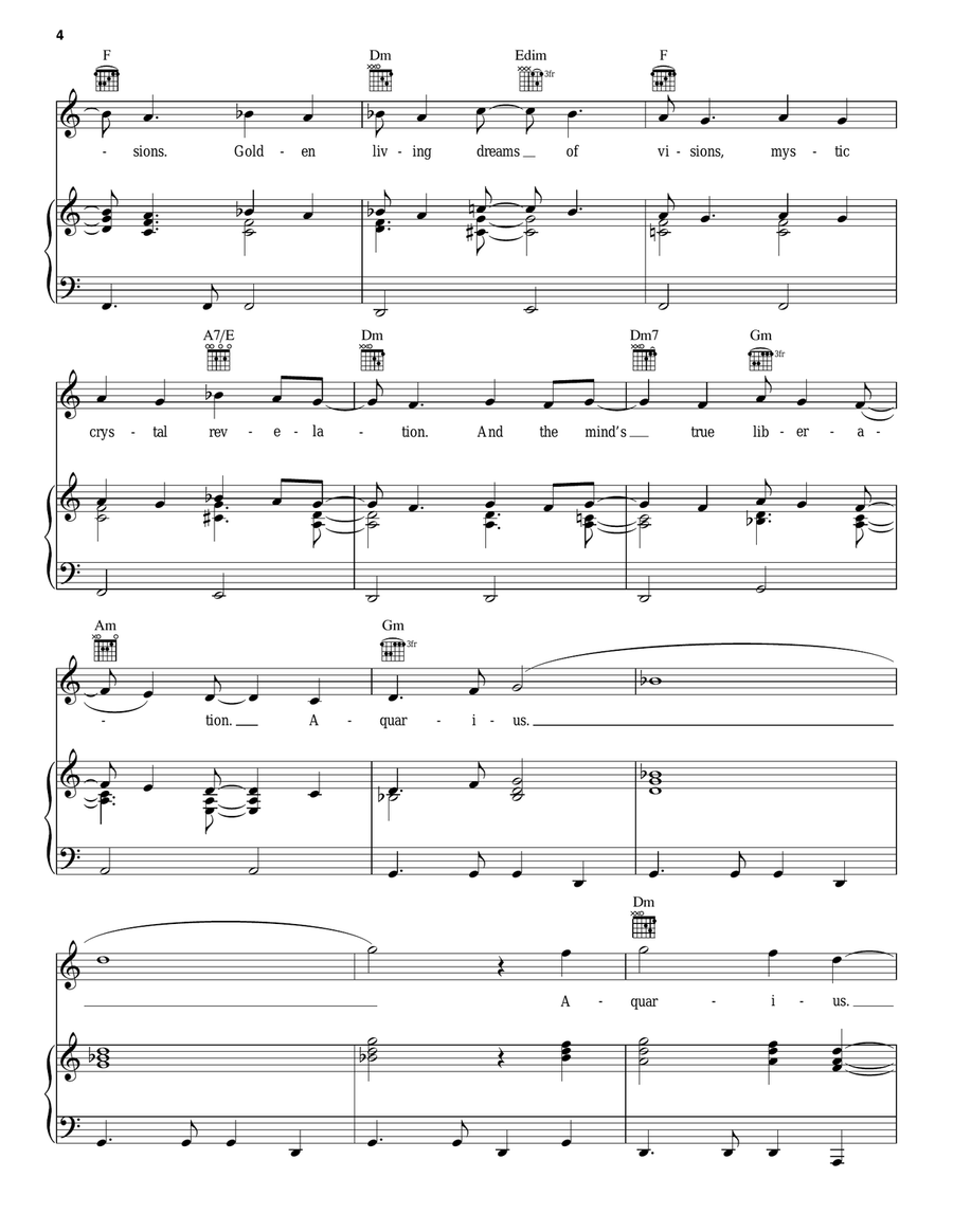 Aquarius/Let The Sunshine In Piano, Vocal, Guitar scores gallery preview page 4