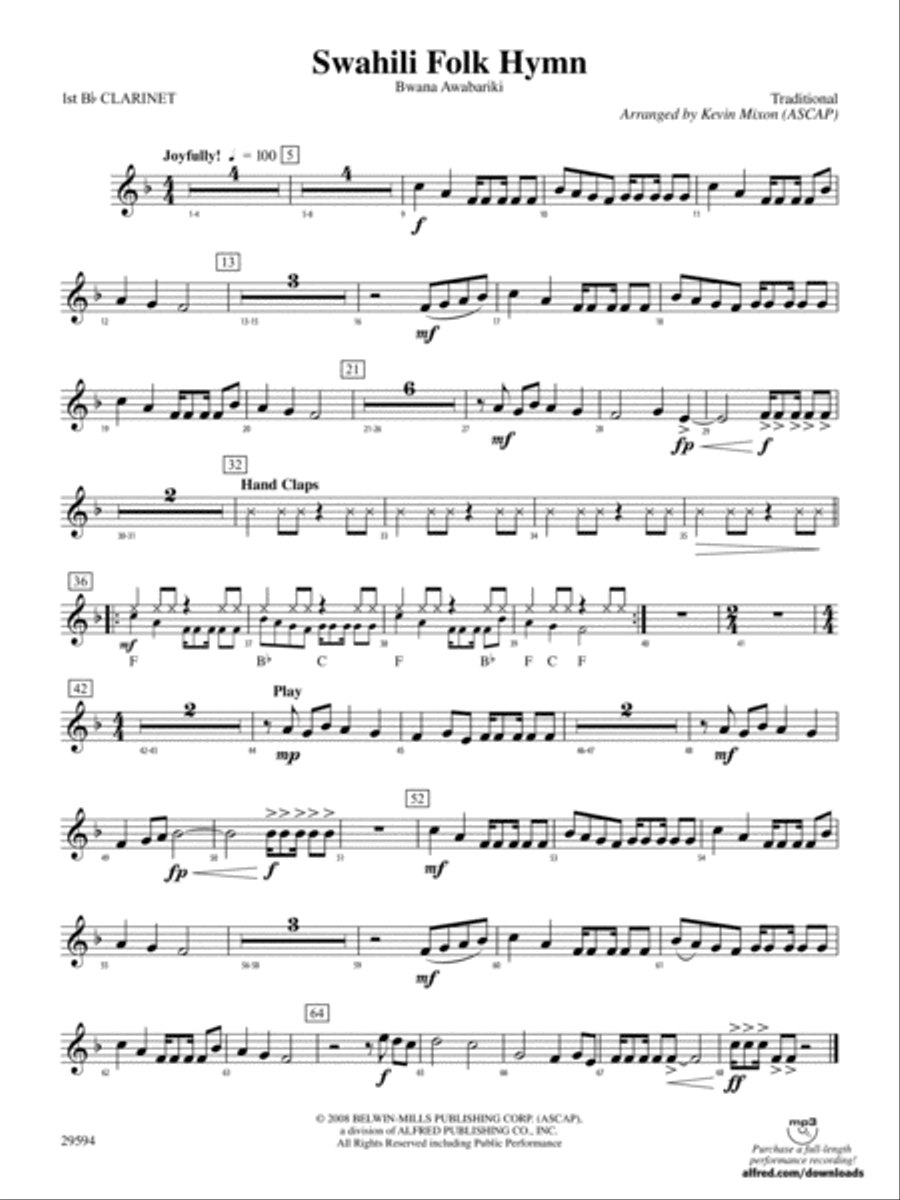 Swahili Folk Hymn (Bwana Awabariki): 1st B-flat Clarinet Concert Band scores gallery preview page 1