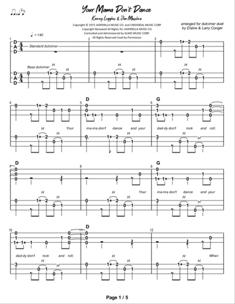 Your Mama Don't Dance Dulcimer scores gallery preview page 2