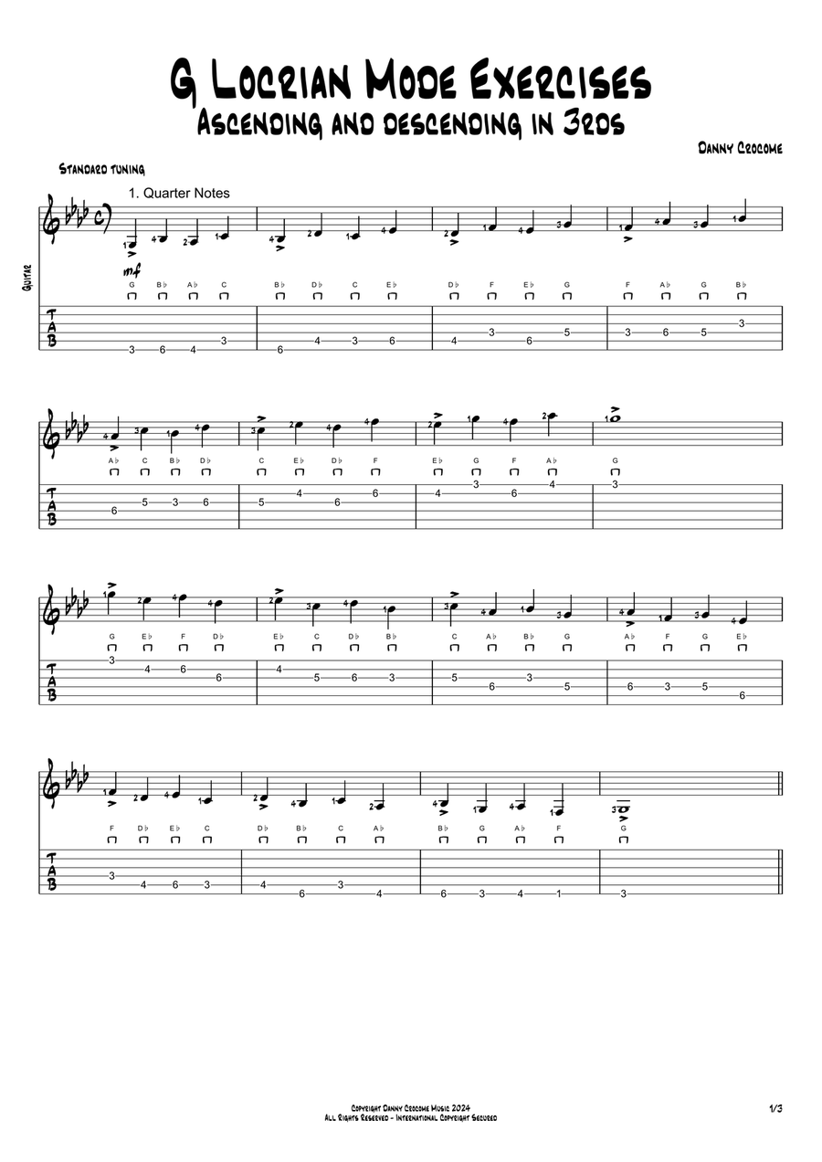G Locrian Mode Exercises - Ascending and Descending in 3rds Acoustic Guitar scores gallery preview page 1