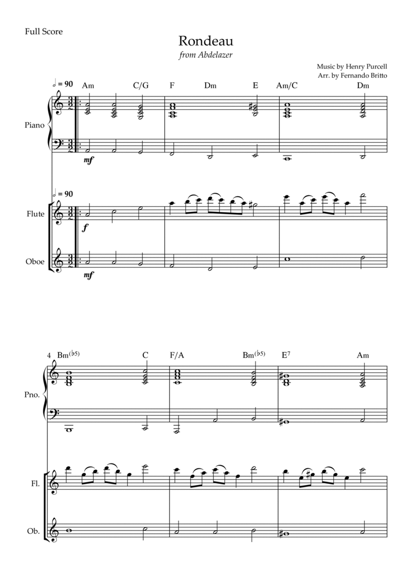 Rondeau (from Abdelazer) for Flute & Oboe Duo and Piano Accompaniment with Chords image number null