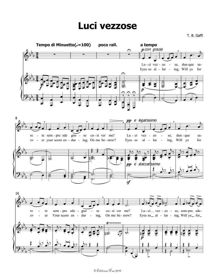 Luci vezzose, by Gaffi Tommaso Bernardo, in E flat Major Piano, Vocal scores gallery preview page 3