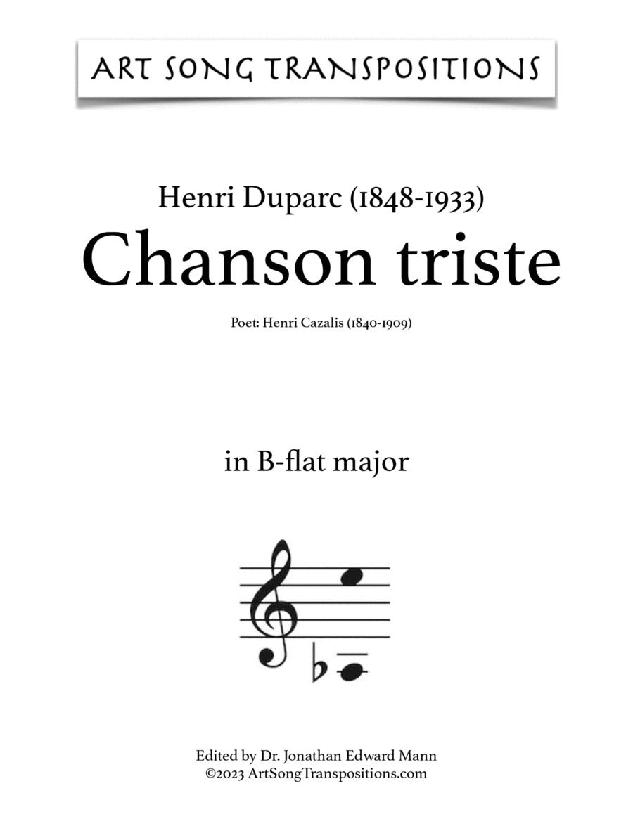 DUPARC: Chanson triste (transposed to B-flat major) Voice scores gallery preview page 1