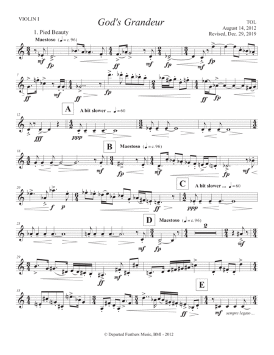 God's Grandeur (2012, rev. 2019) violin 1 part Small Ensemble scores gallery preview page 1