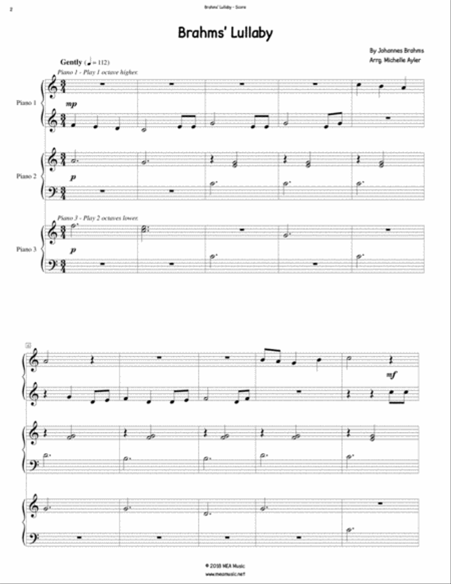 Brahms' Lullaby Piano Trio (1 Piano, 6 Hands) Piano Trio scores gallery preview page 2