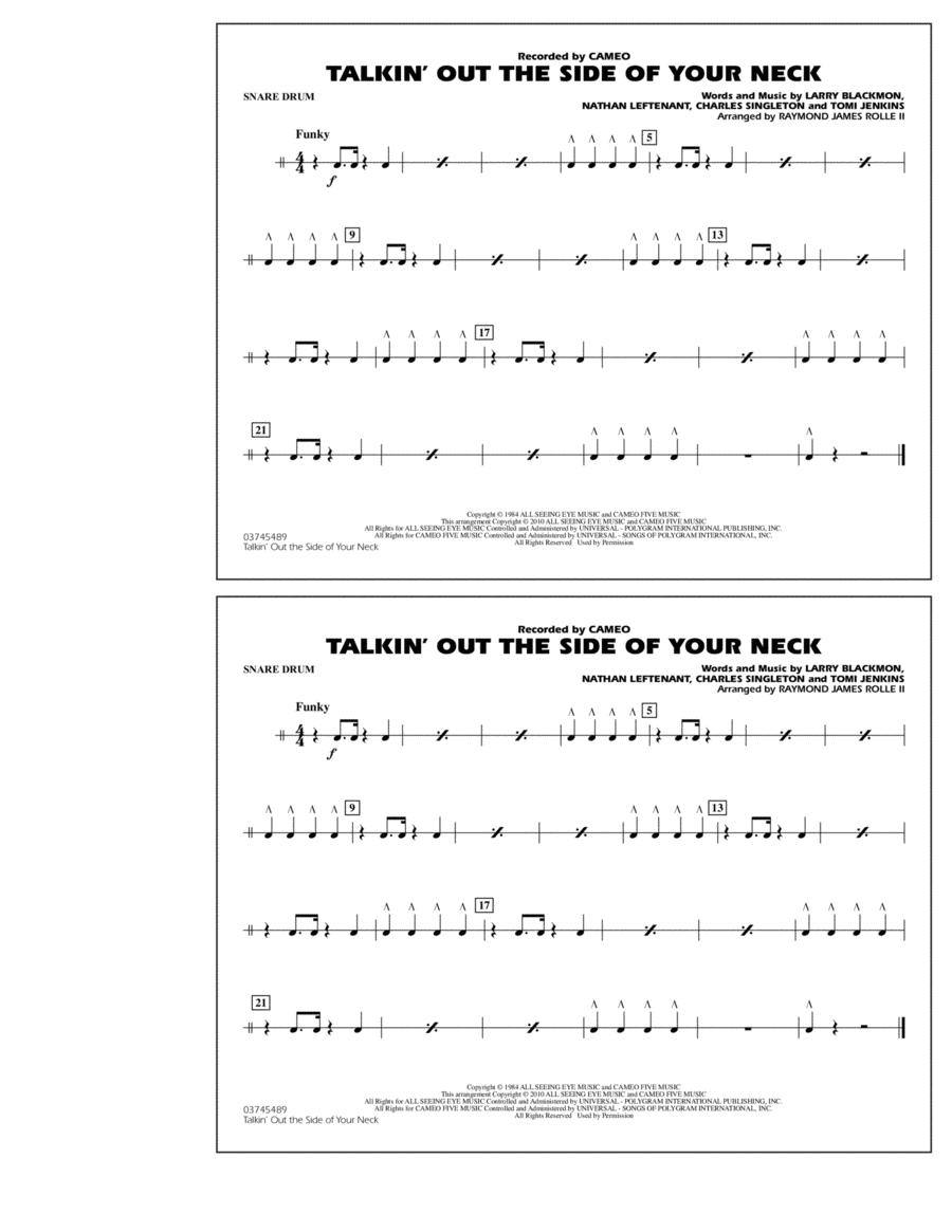 Talkin' Out The Side Of Your Neck - Snare Drum Marching Band scores gallery preview page 1