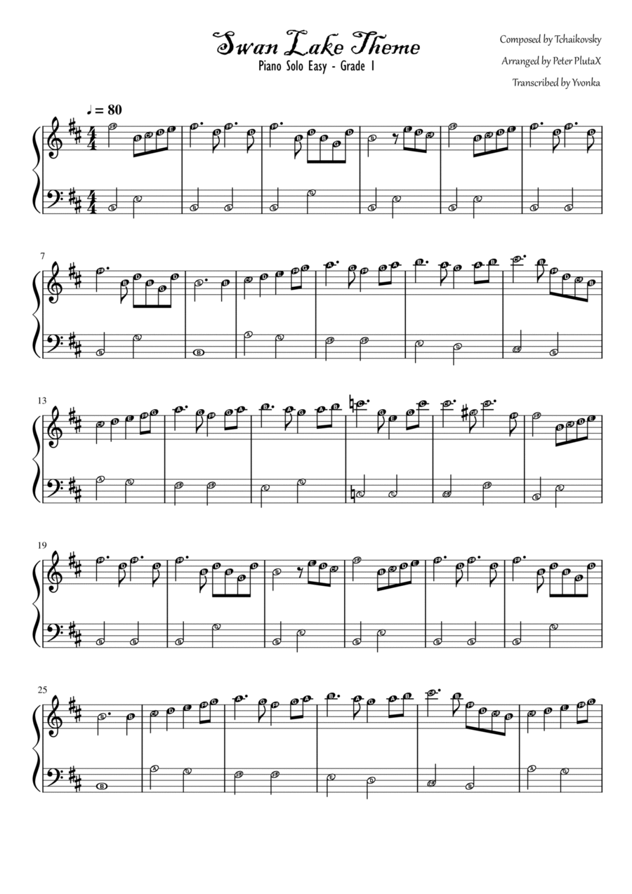 Swan Lake (Tchaikovsky) | COMBO Grade 1 + Grade 2 Piano Solo Sheet Music with note names Easy Piano scores gallery preview page 1