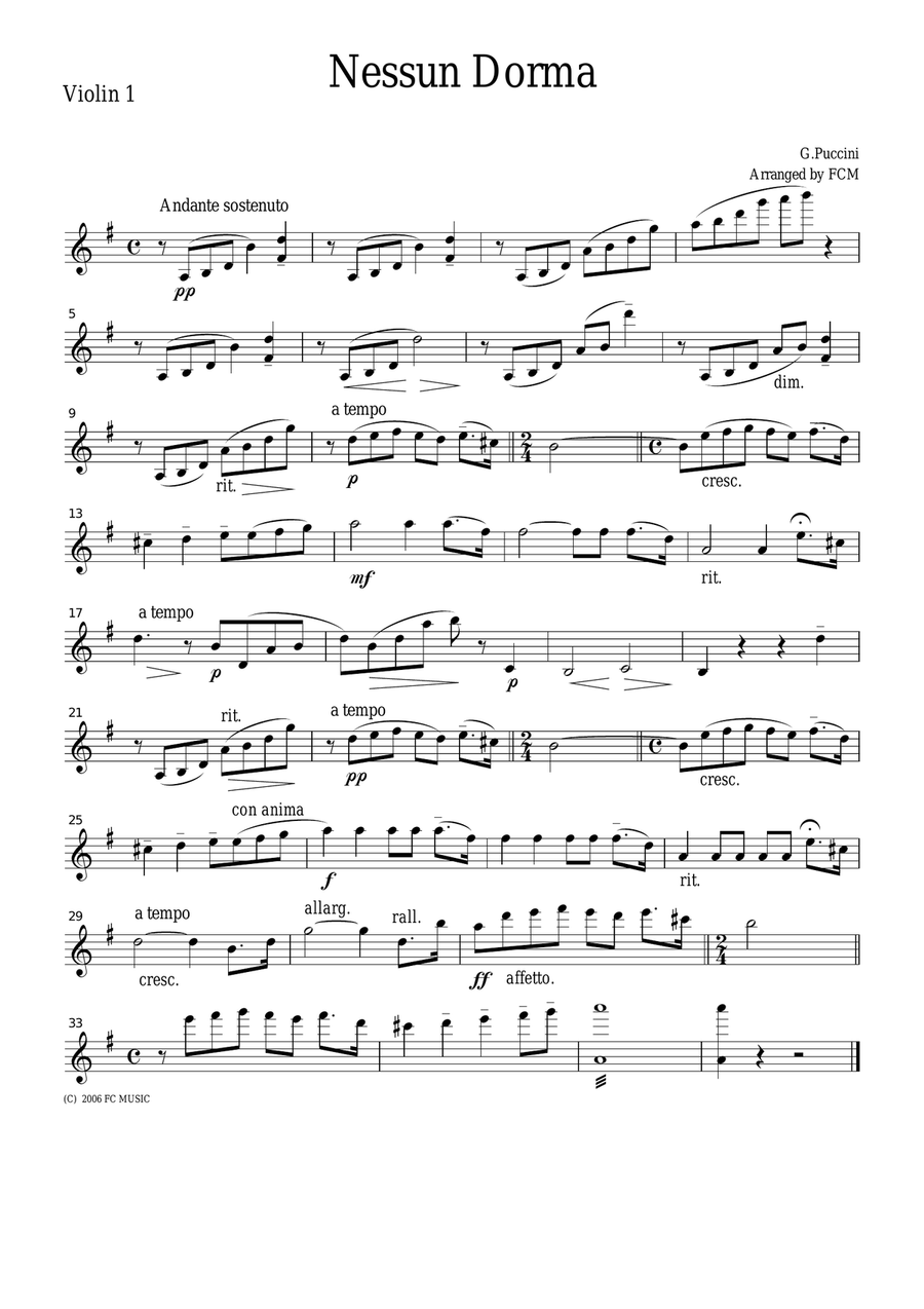 Puccini Nessun Dorma, for string quartet, CP201 String Quartet scores gallery preview page 1