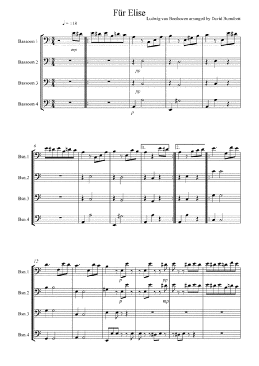 Fur Elise for Bassoon Quartet Bassoon Quartet scores gallery preview page 1