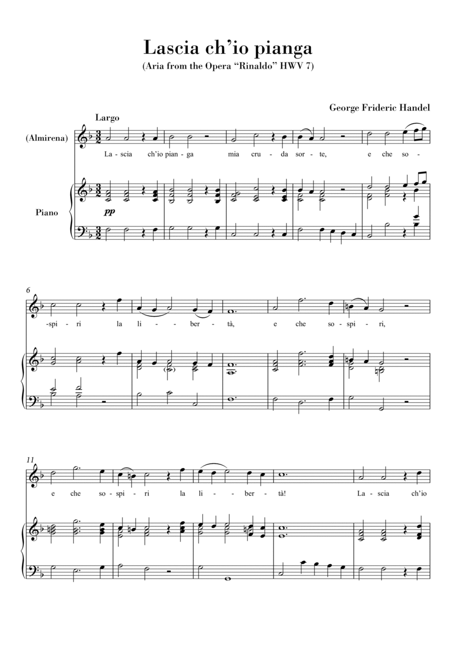 Lascia ch'io pianga (for Voice and Piano) Original Key F major High Voice scores gallery preview page 1