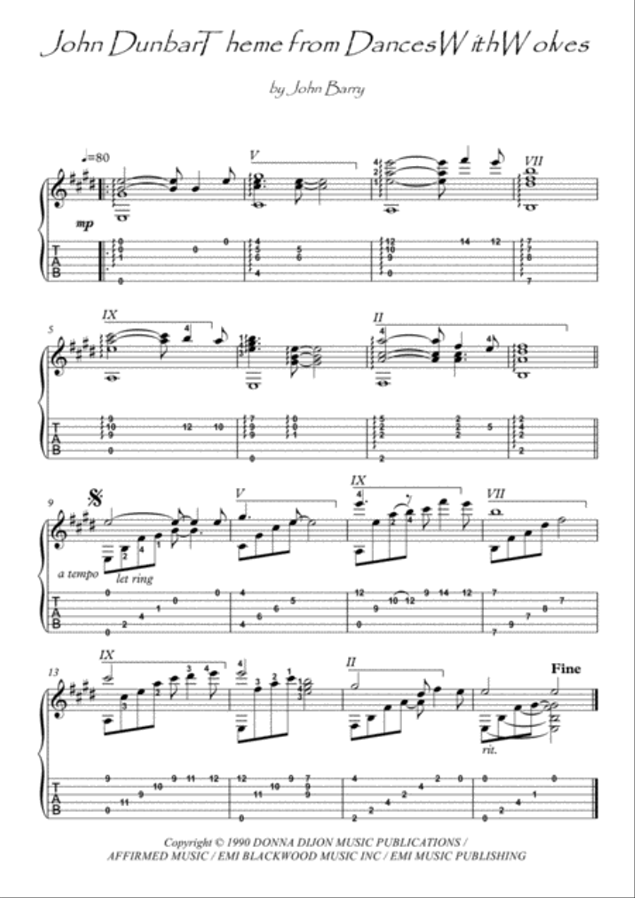 The John Dunbar Theme Guitar Tablature scores gallery preview page 1