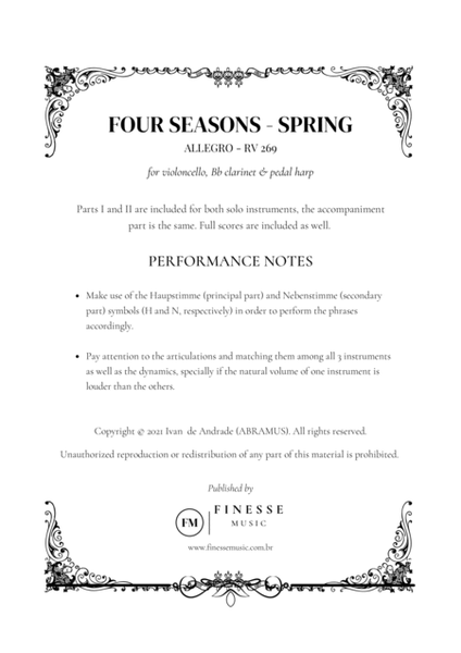 TRIO - Four Seasons Spring (Allegro) for CELLO, Bb CLARINET and PEDAL HARP - F Major image number null