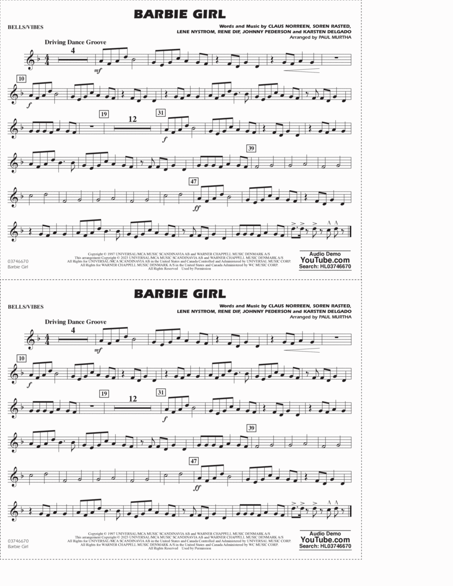 Barbie Girl (arr. Paul Murtha) - Bells/Vibes Marching Band scores gallery preview page 1
