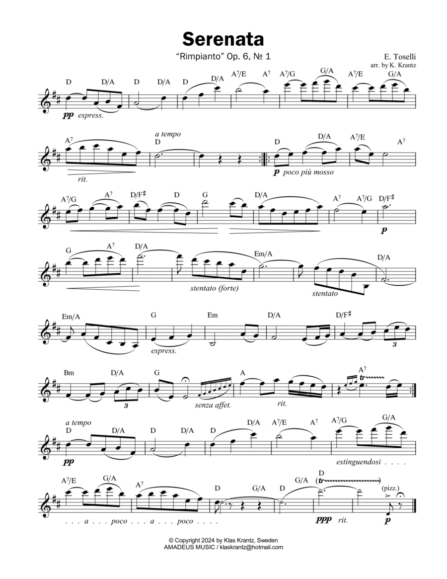 Serenata Rimpianto Op. 6, lead sheet, guitar chords (D Major) Easy Guitar scores gallery preview page 1