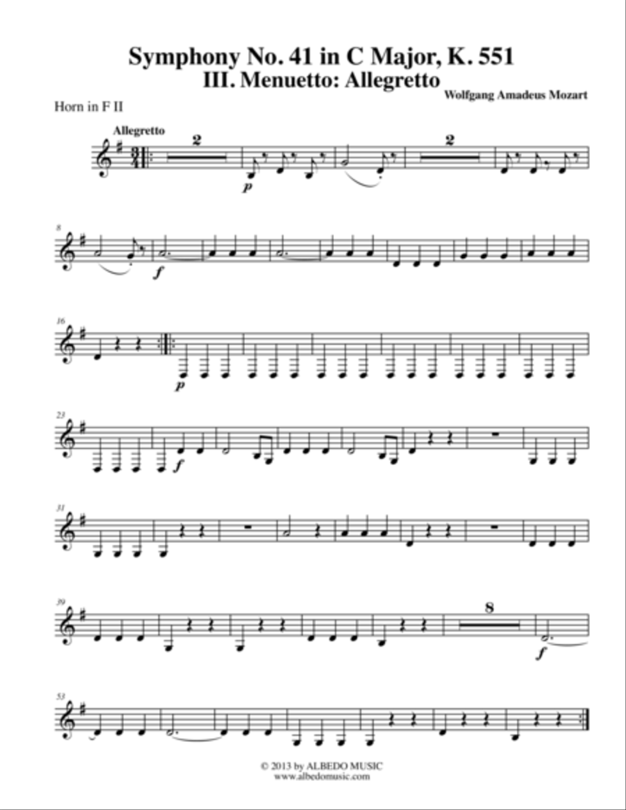 Mozart Symphony No. 41, Jupiter, Movement III - Horn in F 2 (Transposed Part), K. 551 Horn Solo scores gallery preview page 1