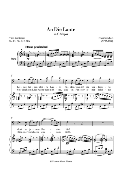Schubert - An Die Laute for Baritone Voice & Piano - Easy image number null