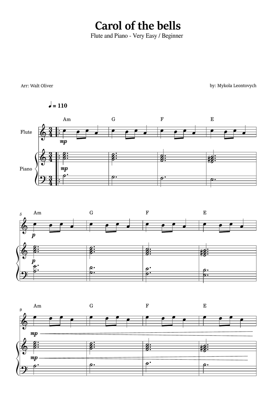 Carol of the Bells for Flute and Piano (Very Easy - Beginner) in A minor - With Chords Flute scores gallery preview page 1