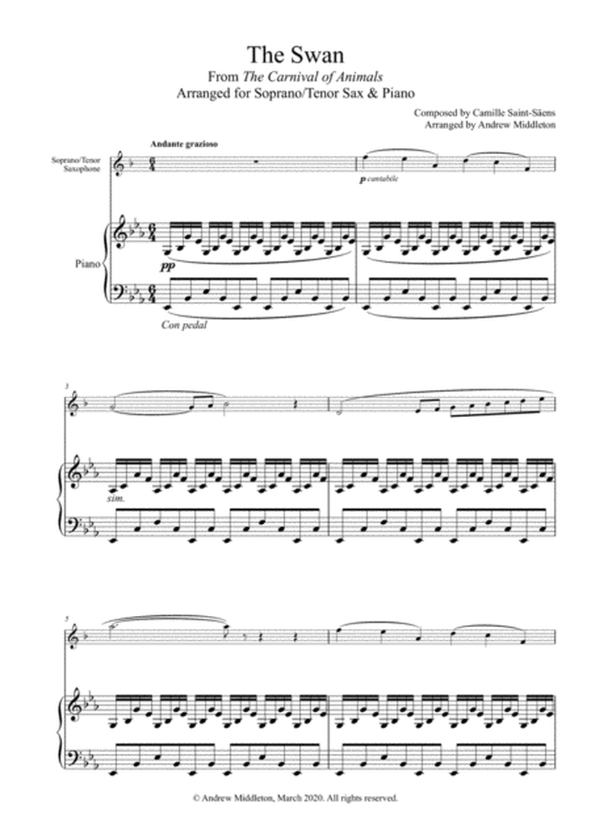 The Swan from The Carnival of Animals arranged for Soprano Saxophone and Piano image number null