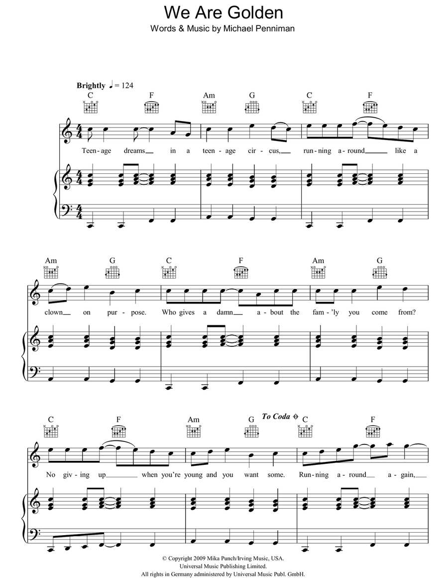 We Are Golden Piano, Vocal, Guitar scores gallery preview page 1