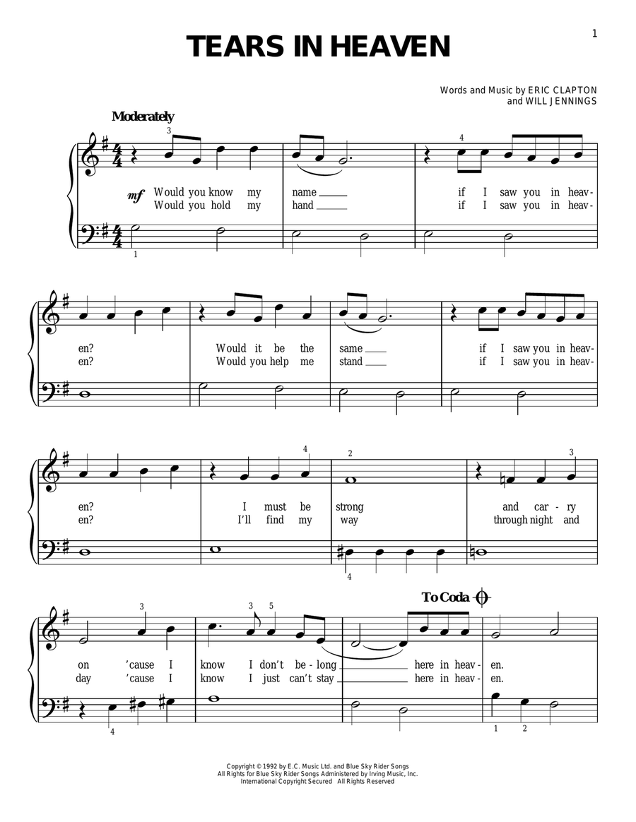 Tears In Heaven Easy Piano scores gallery preview page 1
