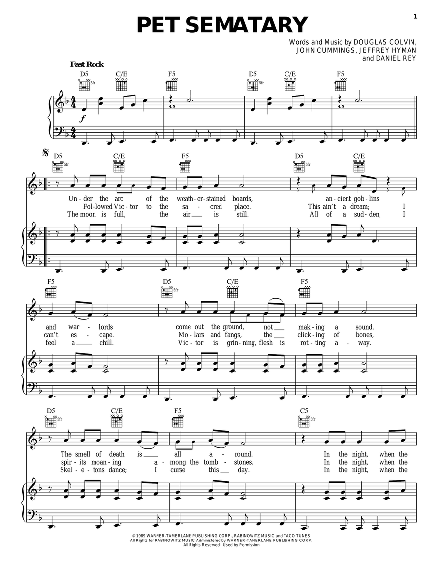 Pet Sematary Pet Sematary Piano, Vocal, Guitar scores gallery preview page 1