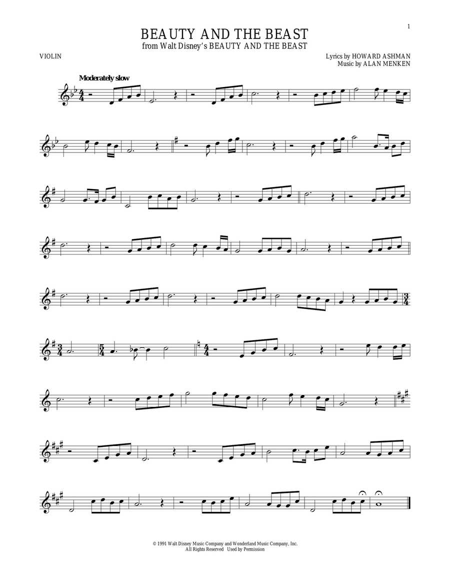 Beauty And The Beast Violin Solo scores gallery preview page 1