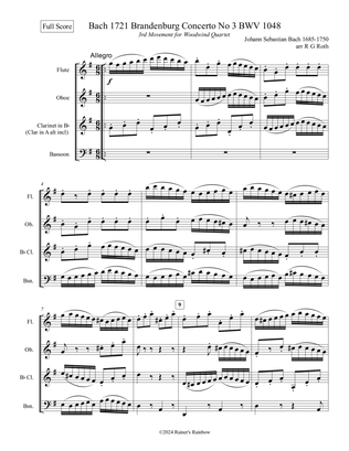 Bach Brandenburg No 3 BWV 1048 Woodwind Quartet Score and Parts