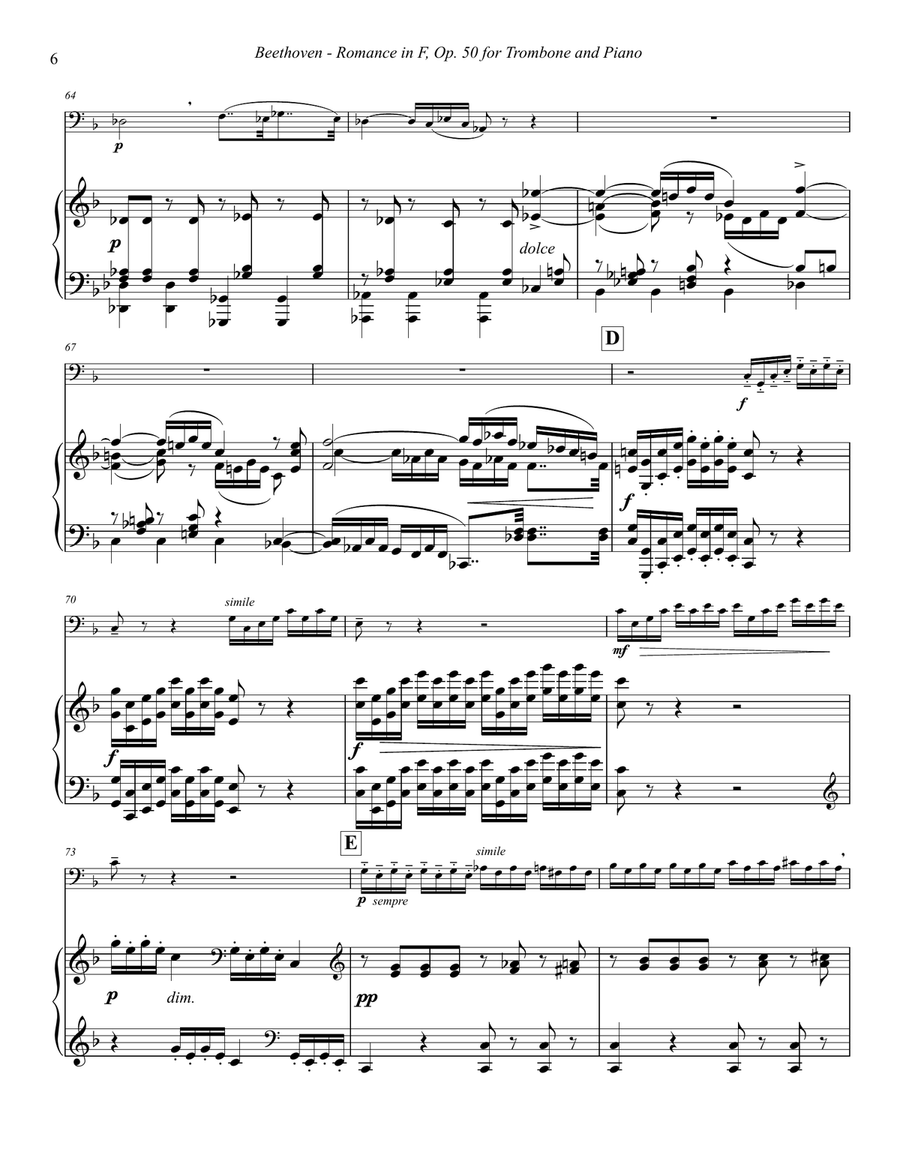 Romance No. 2 in F, Op. 50 for Trombone & Piano Piano scores gallery preview page 6