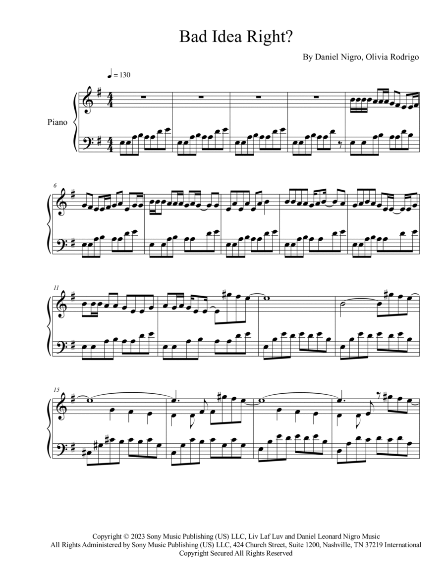 Bad Idea Right? Piano Solo scores gallery preview page 1