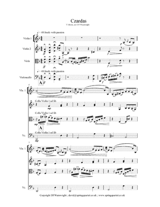Czardas by V Monti arranged for string quartet with score, parts, rehearsal letters
