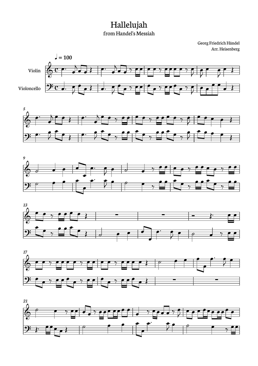 Hallelujah from Handel's Messiah for violin and cello String Duet scores gallery preview page 1