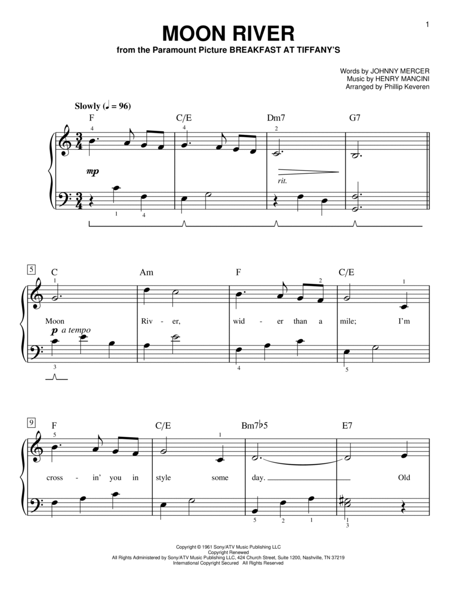 Moon River (arr. Phillip Keveren) Easy Piano scores gallery preview page 1