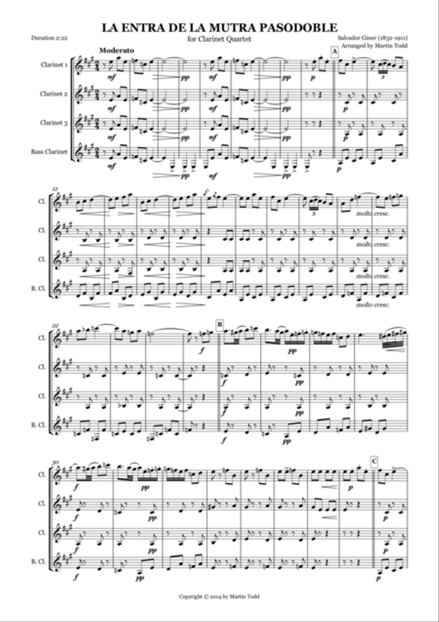 La Entra de la Mutra Pasodoble for Clarinet Quartet Clarinet Quartet scores gallery preview page 1