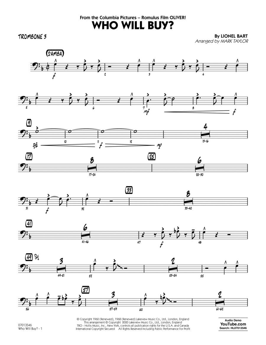 Who Will Buy? (from Oliver) (arr. Mark Taylor) - Trombone 3 Jazz Ensemble scores gallery preview page 1