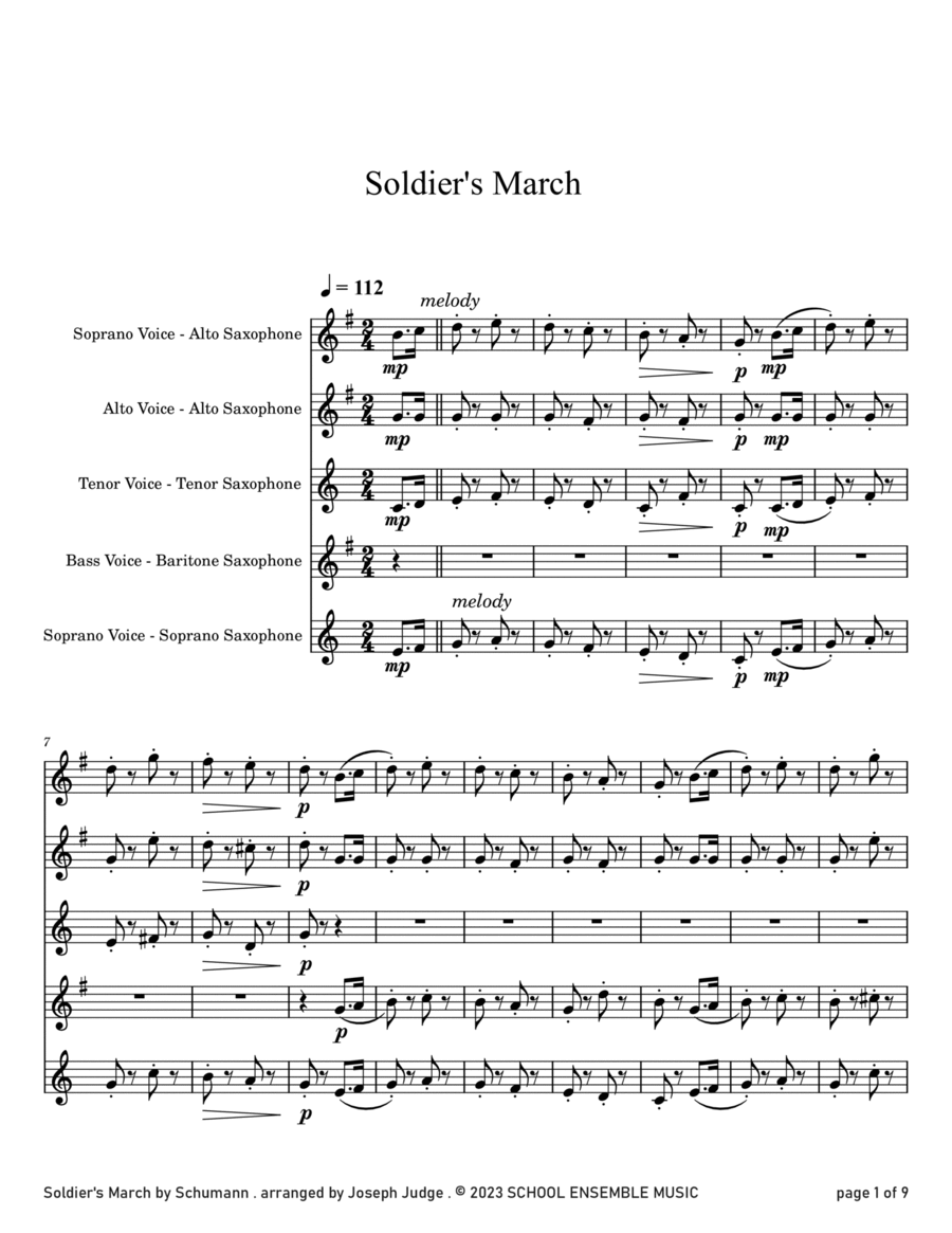 Soldier's March by Schumann for Saxophone Quartet in Schools Saxophone Quartet scores gallery preview page 1