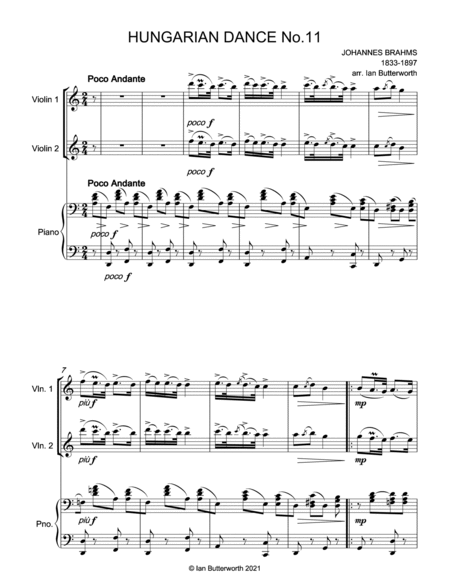 BRAHMS Hungarian Dance No.11 arranged for 2 violins & piano image number null