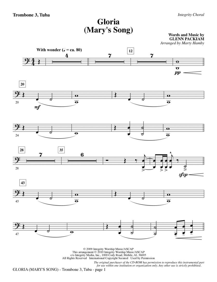 Gloria (Mary's Song) - Trombone 3/Tuba Choir scores gallery preview page 1