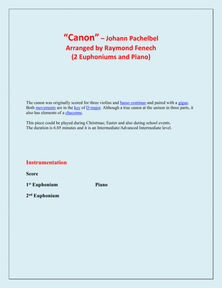 Canon - Johann Pachebel - 2 Euphoniums and Piano - Intermediate/Advanced Intermediate level image number null