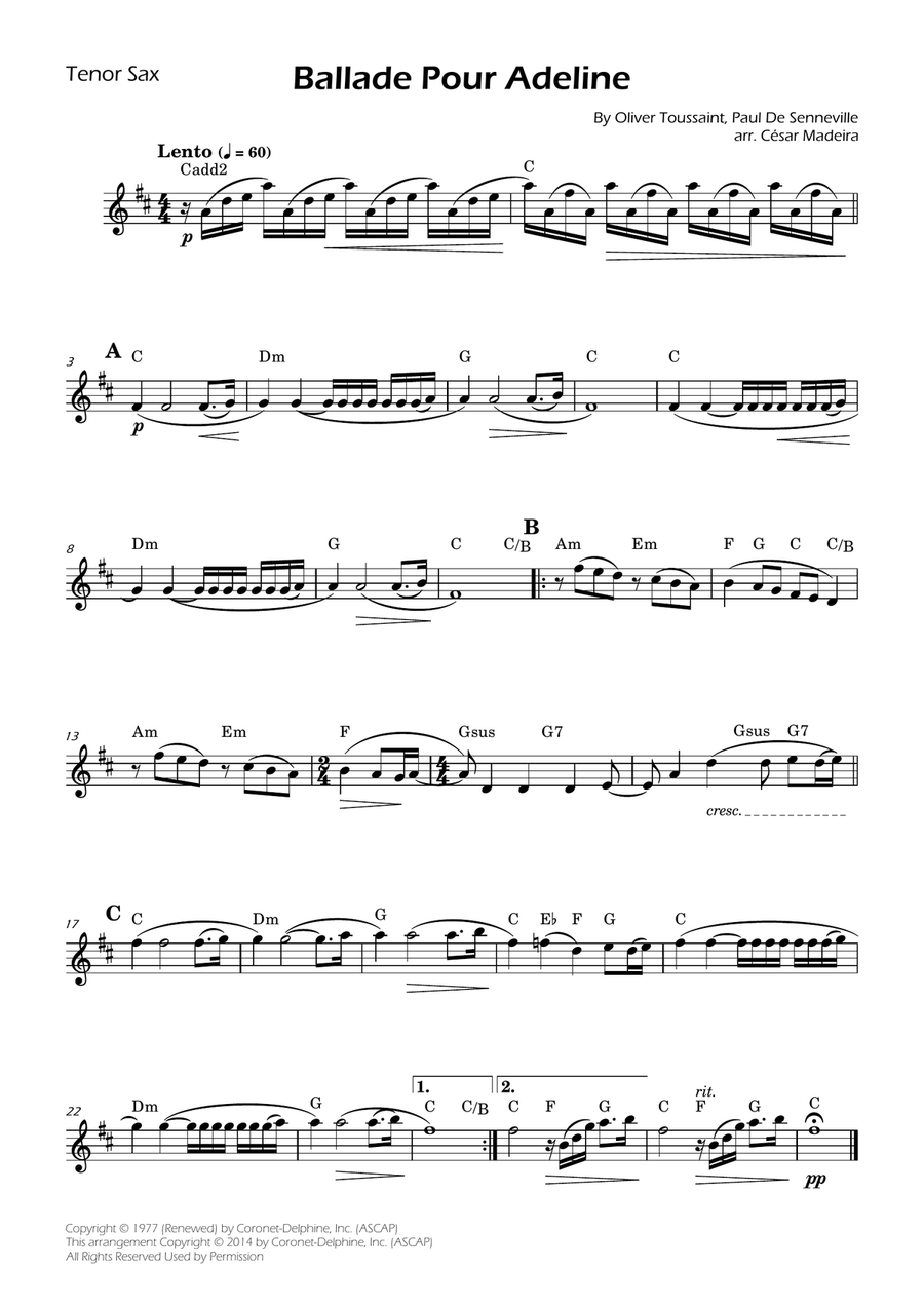 Ballade Pour Adeline Tenor Saxophone scores gallery preview page 1