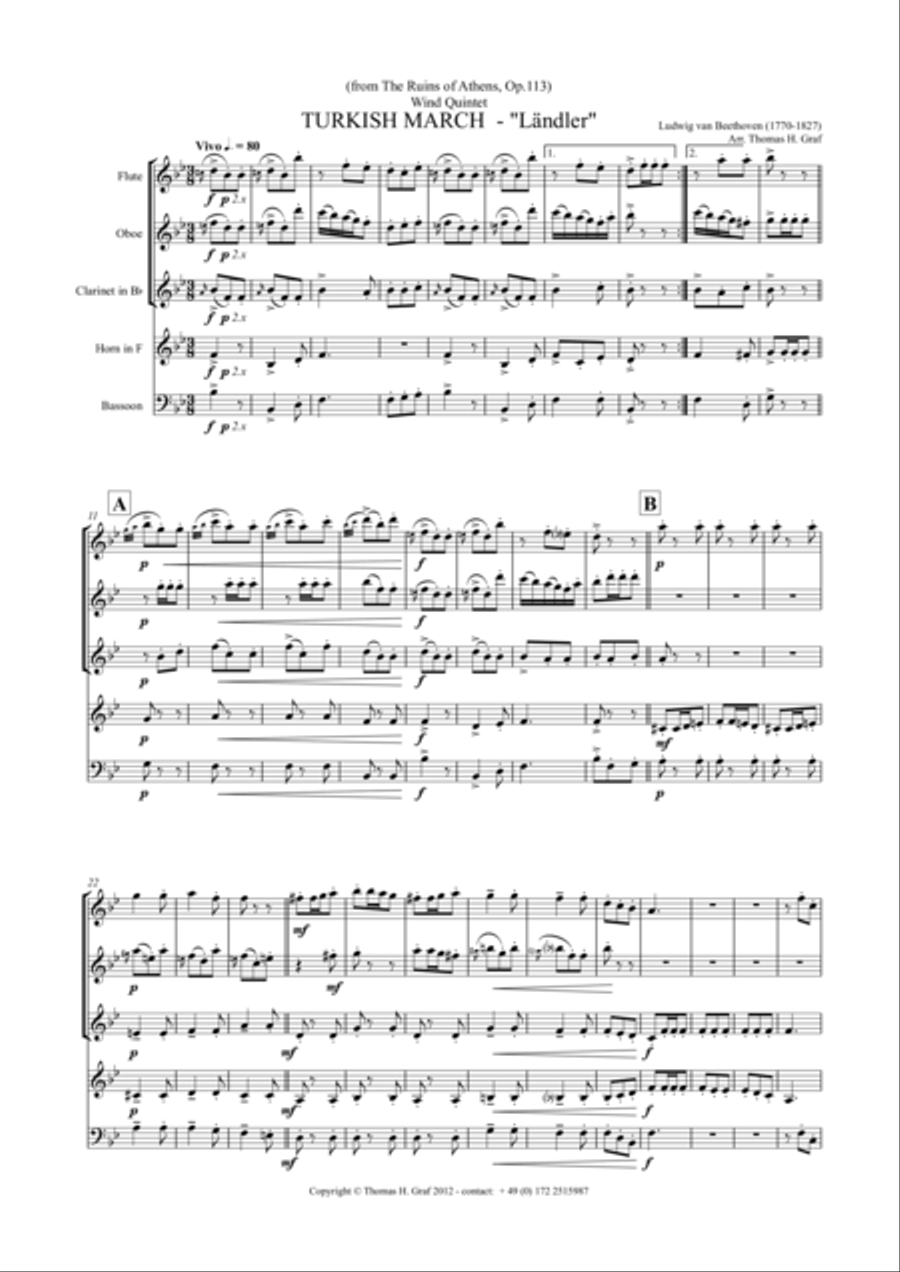 Turkish March Ländler - Beethoven - Wind Quintet Woodwind Quintet scores gallery preview page 1