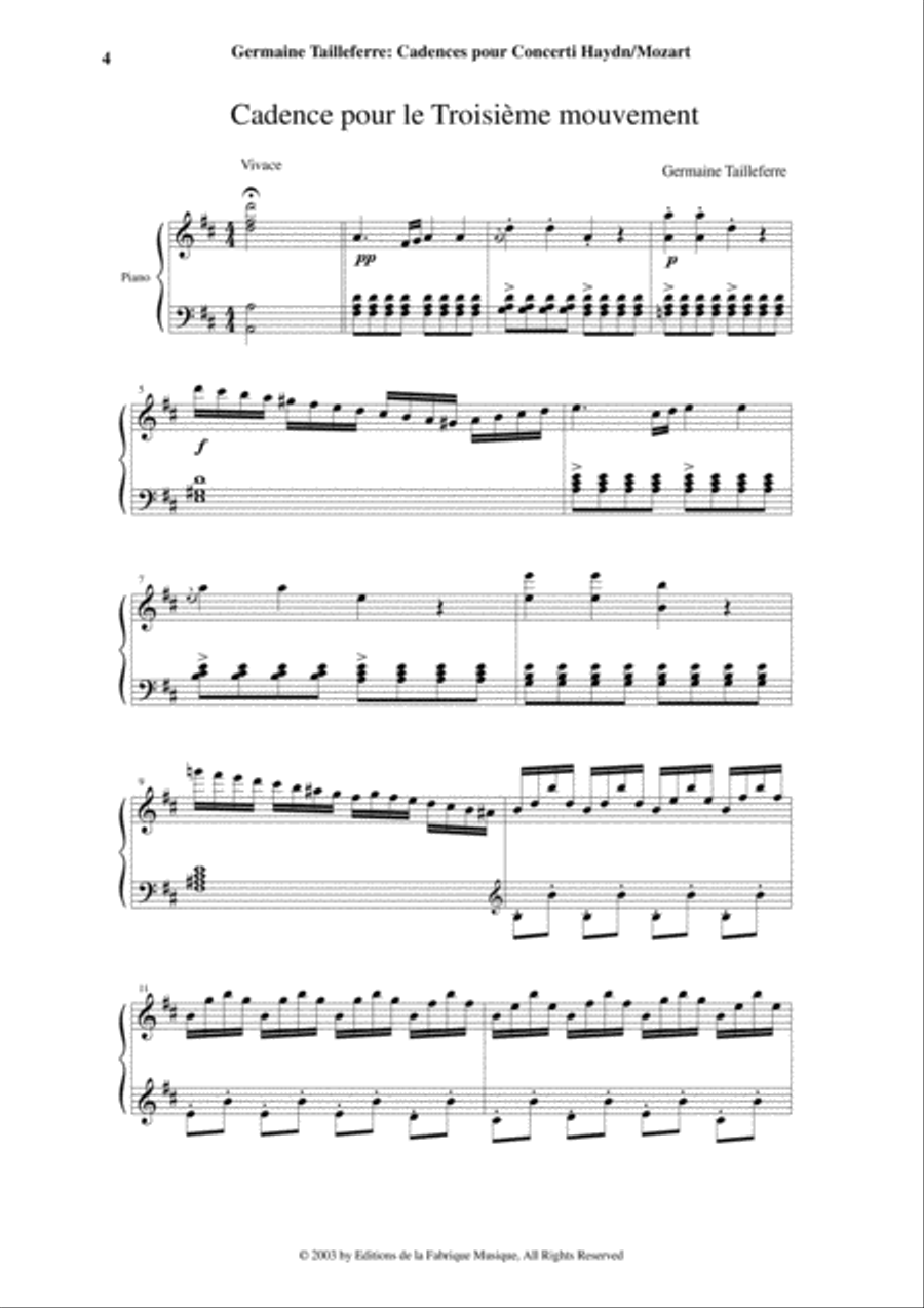 Germaine Tailleferre: Cadences for the Concerto no. 11 Hob. XVIII:1 by F. J. Haydn and the Concerto Piano Solo scores gallery preview page 4