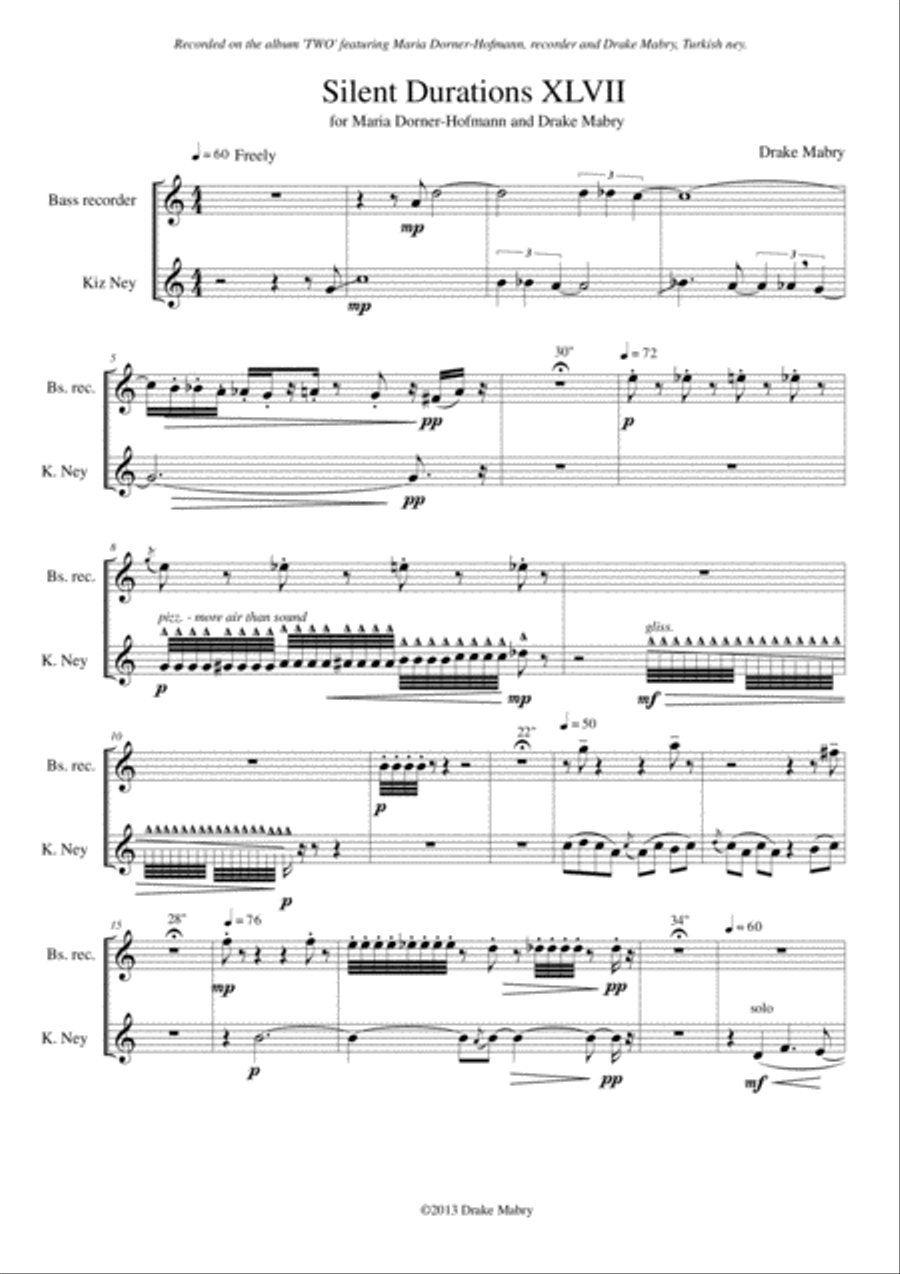 Silent Durations XLVII for ney and recorder (a Zen experience) by Drake Mabry Woodwind Duet - Digital Sheet Music