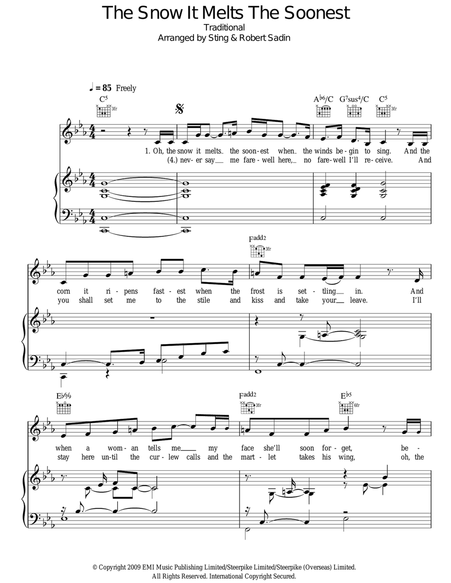 The Snow It Melts The Soonest Piano, Vocal, Guitar scores gallery preview page 1