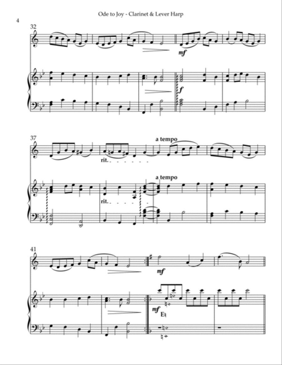 Ode to Joy, Duet for Bb Clarinet & Lever Harp B-Flat Clarinet scores gallery preview page 4