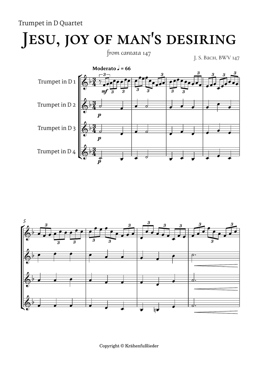 Bach Jesu, joy of man's desiring for Trumpet in D Quartet Brass Ensemble scores gallery preview page 2