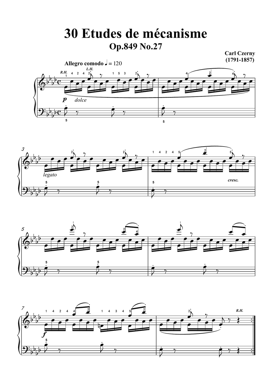 Czerny-30 Etudes de mécanisme,Op.849 No.27,Allegro comodo in A flat Major,for Piano Piano Method scores gallery preview page 3