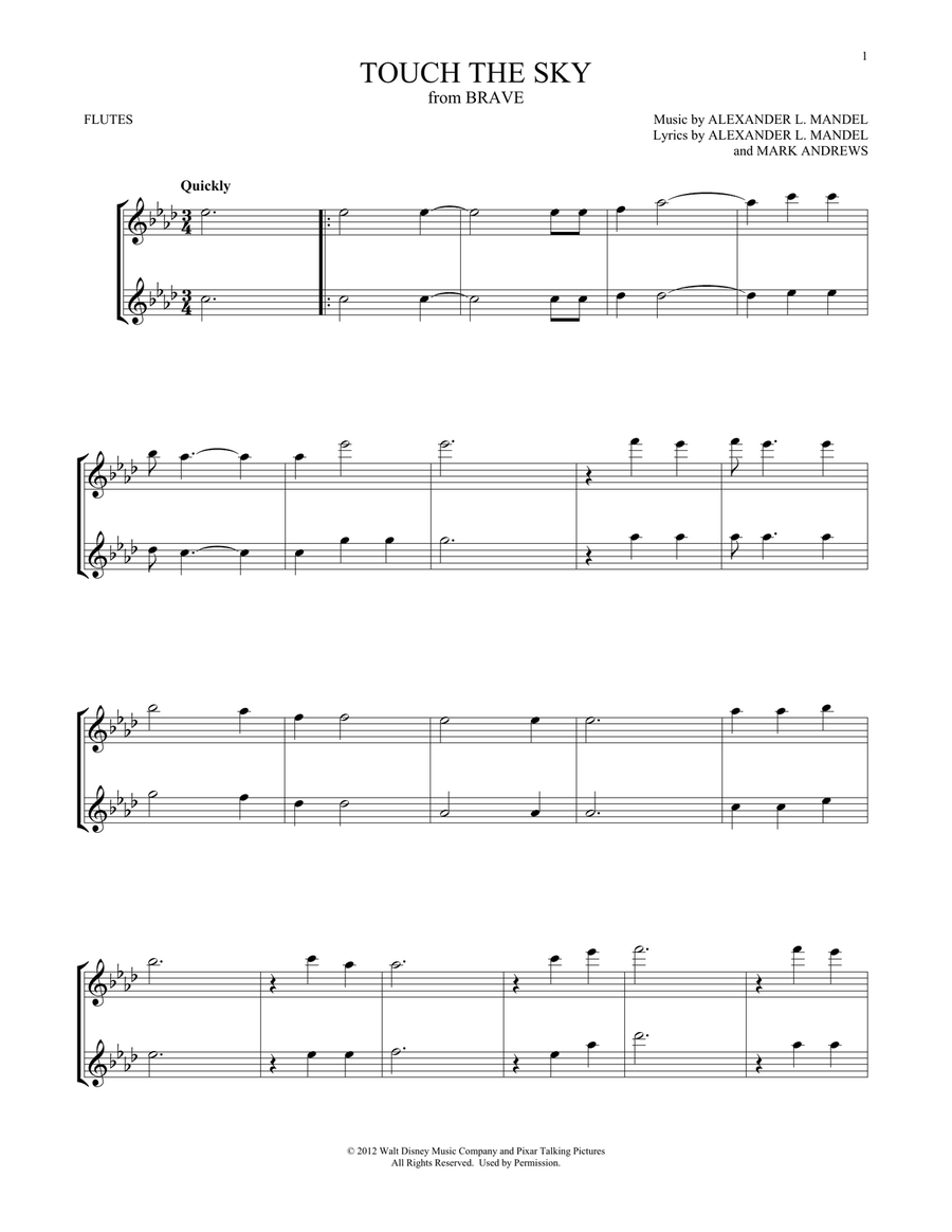 Touch The Sky (from Brave) Flute Duet scores gallery preview page 1