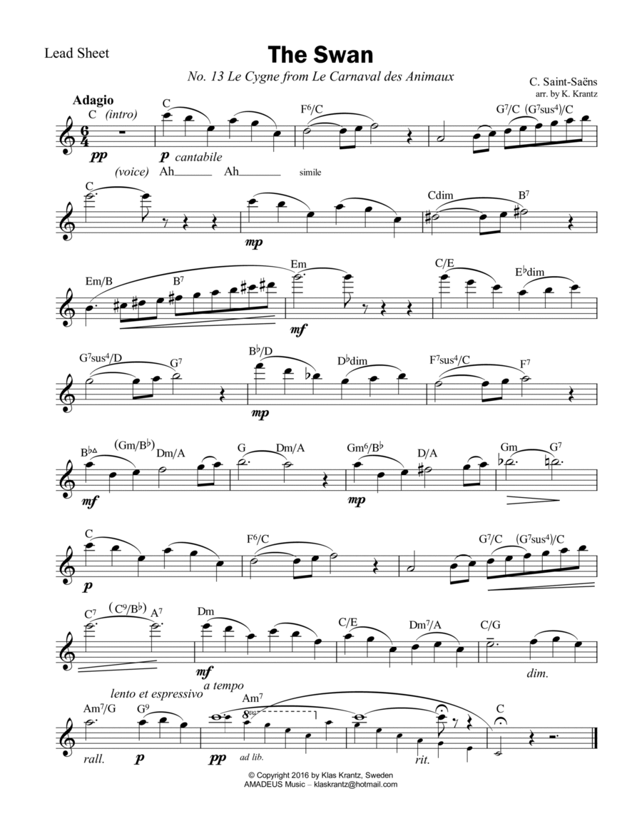 The Swan / Le cygne (C Major) lead sheet Piano scores gallery preview page 1